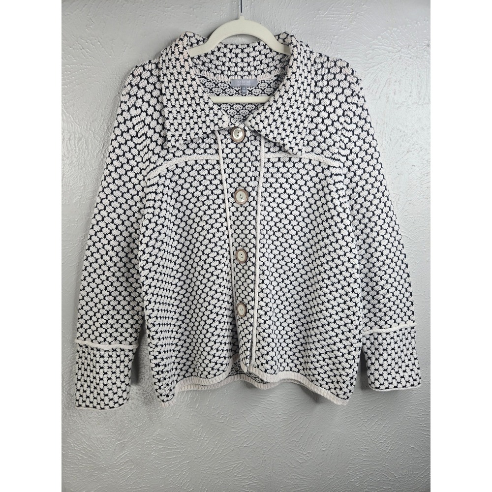 Habitat Crochet Button Front Knit Cardigan Sweater M White Black Cottage Artsy